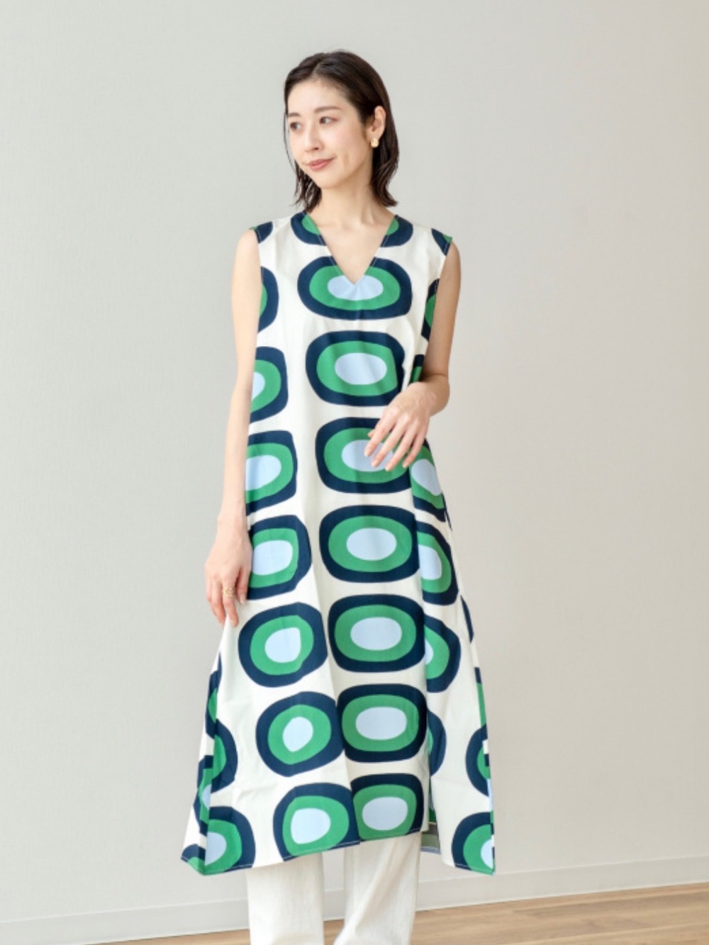 Marimekko x UNIQLO V-Neck Flared Midi Dress sleeveless cotton A Line Size Large